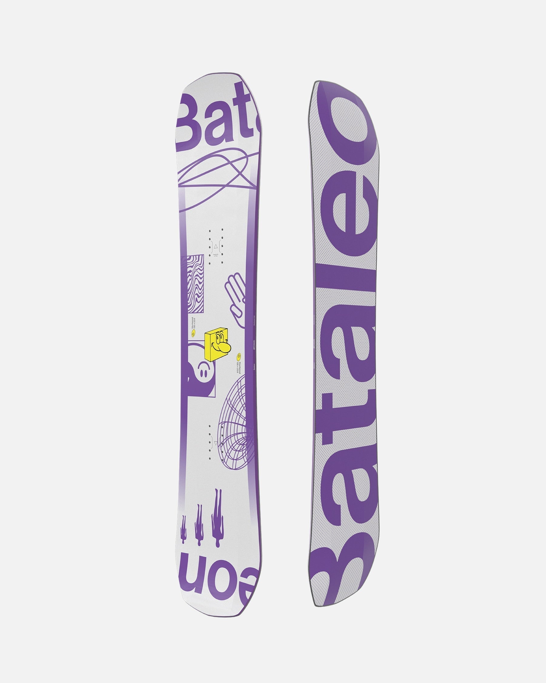 Children snowboard in purple and white. Stuntwood 2025 | Bataleon Snowboards™ 2025.